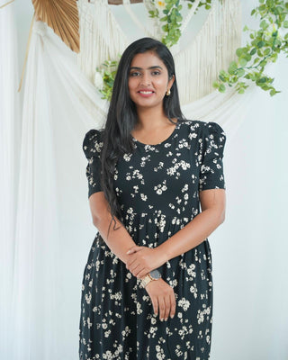 BLACK FLOWERS | NON-FEEDING MAXI – PUFF SLEEVES | FULL LENGTH MAXI