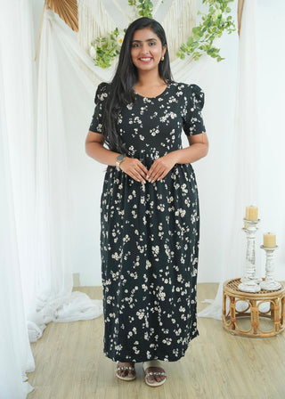 BLACK FLOWERS | NON-FEEDING MAXI – PUFF SLEEVES | FULL LENGTH MAXI