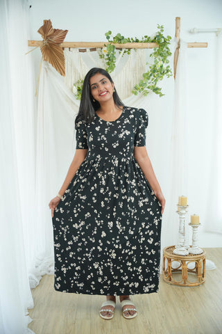 BLACK FLOWERS | NON-FEEDING MAXI – PUFF SLEEVES | FULL LENGTH MAXI