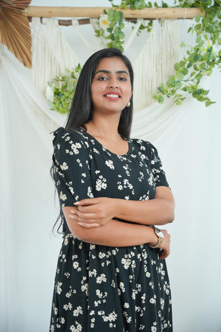 BLACK FLOWERS | NON-FEEDING MAXI – PUFF SLEEVES | FULL LENGTH MAXI