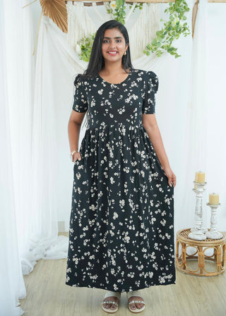 BLACK FLOWERS | NON-FEEDING MAXI – PUFF SLEEVES | FULL LENGTH MAXI