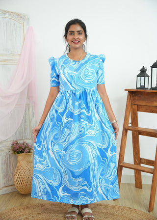 BLUE WAVES (THICK) | NON-FEEDING MAXI – PUFF SLEEVES | FULL LENGTH MAXI