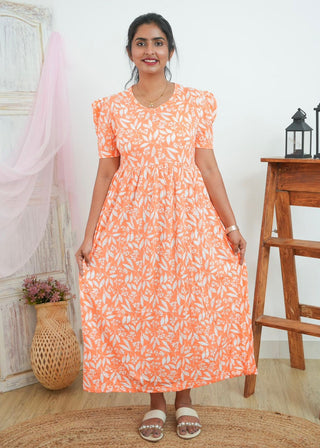 ORANGE LEAFY | NON-FEEDING MAXI – PUFF SLEEVES | FULL LENGTH MAXI
