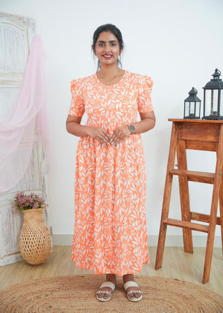 ORANGE LEAFY | NON-FEEDING MAXI – PUFF SLEEVES | FULL LENGTH MAXI
