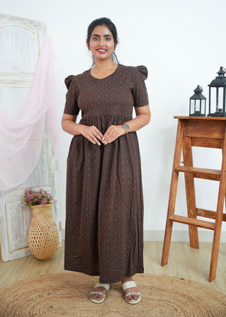 BROWN CHEVRON | NON-FEEDING MAXI – PUFF SLEEVES | FULL LENGTH MAXI