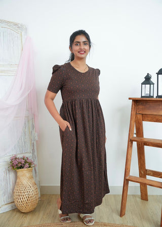 BROWN CHEVRON | NON-FEEDING MAXI – PUFF SLEEVES | FULL LENGTH MAXI
