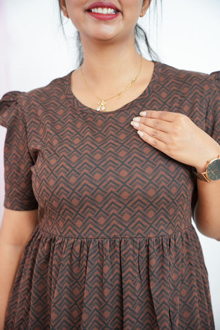 BROWN CHEVRON | NON-FEEDING MAXI – PUFF SLEEVES | FULL LENGTH MAXI