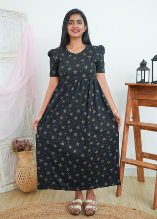 BLACK GOLDEN STAR | NON-FEEDING MAXI – PUFF SLEEVES | FULL LENGTH MAXI