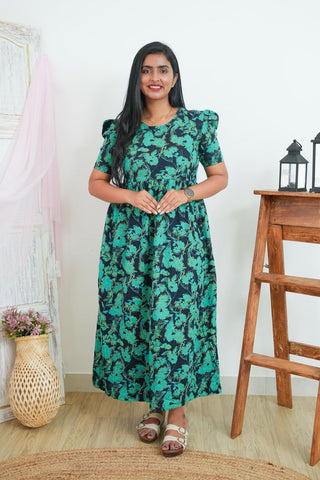 BLACK GREEN FLORA | NON-FEEDING MAXI – PUFF SLEEVES | FULL LENGTH MAXI