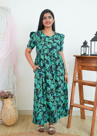 BLACK GREEN FLORA | NON-FEEDING MAXI – PUFF SLEEVES | FULL LENGTH MAXI