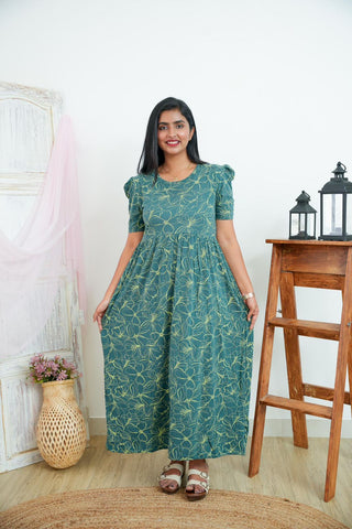GREEN LEAF | NON-FEEDING MAXI – PUFF SLEEVES | FULL LENGTH MAXI