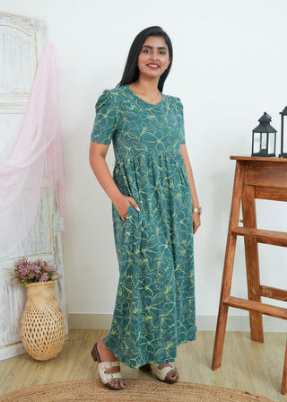 GREEN LEAF | NON-FEEDING MAXI – PUFF SLEEVES | FULL LENGTH MAXI