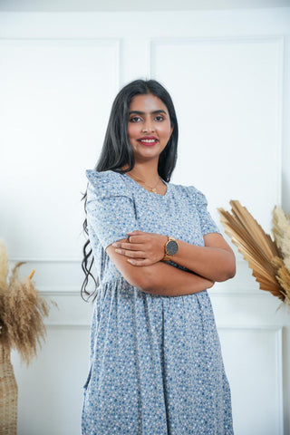 GREY BLUE FLOWERS | NON-FEEDING MAXI – PUFF SLEEVES | FULL LENGTH MAXI