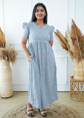 GREY BLUE FLOWERS | NON-FEEDING MAXI – PUFF SLEEVES | FULL LENGTH MAXI