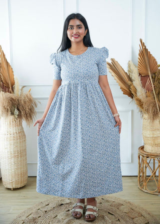 GREY BLUE FLOWERS | NON-FEEDING MAXI – PUFF SLEEVES | FULL LENGTH MAXI