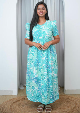 TEAL GREEN LEAF | NON-FEEDING MAXI – PUFF SLEEVES | FULL LENGTH MAXI