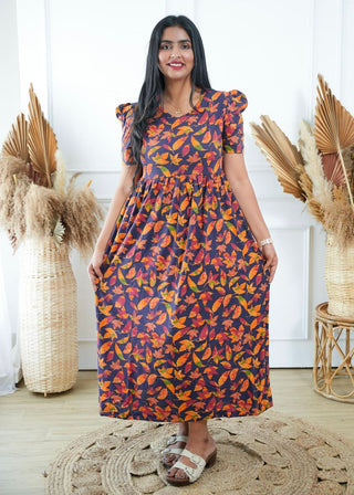 BLUE ORANGE FLORAL | NON-FEEDING MAXI – PUFF SLEEVES | FULL LENGTH MAXI