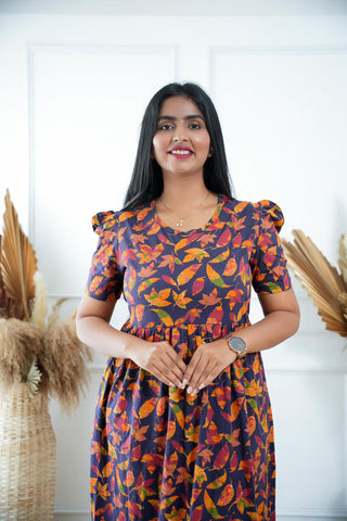 BLUE ORANGE FLORAL | NON-FEEDING MAXI – PUFF SLEEVES | FULL LENGTH MAXI