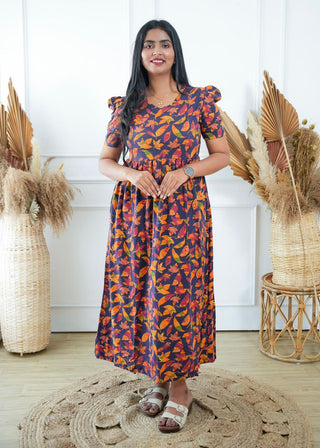 BLUE ORANGE FLORAL | NON-FEEDING MAXI – PUFF SLEEVES | FULL LENGTH MAXI