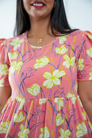 PEACH FLOWERS | NON-FEEDING MAXI – PUFF SLEEVES | FULL LENGTH MAXI