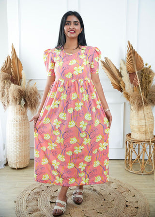 PEACH FLOWERS | NON-FEEDING MAXI – PUFF SLEEVES | FULL LENGTH MAXI