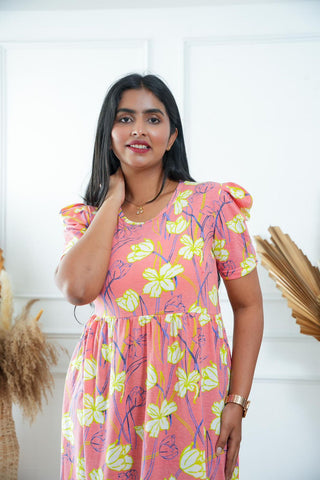 PEACH FLOWERS | NON-FEEDING MAXI – PUFF SLEEVES | FULL LENGTH MAXI