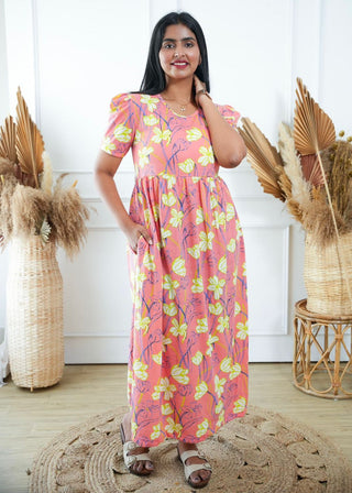 PEACH FLOWERS | NON-FEEDING MAXI – PUFF SLEEVES | FULL LENGTH MAXI