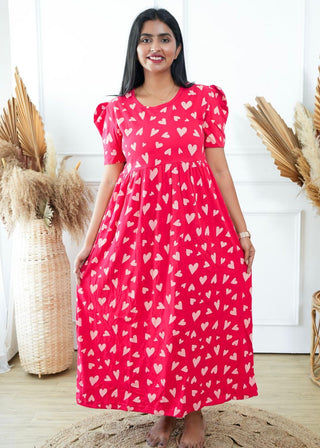 RED HEART | NON-FEEDING MAXI – PUFF SLEEVES | FULL LENGTH MAXI