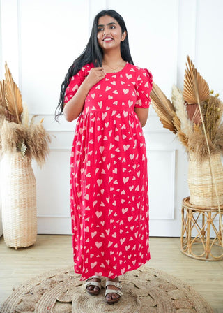 RED HEART | NON-FEEDING MAXI – PUFF SLEEVES | FULL LENGTH MAXI