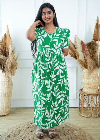 GREEN GARDENIA | NON-FEEDING MAXI – PUFF SLEEVES | FULL LENGTH MAXI