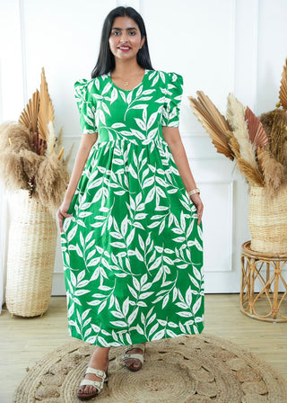 GREEN GARDENIA | NON-FEEDING MAXI – PUFF SLEEVES | FULL LENGTH MAXI