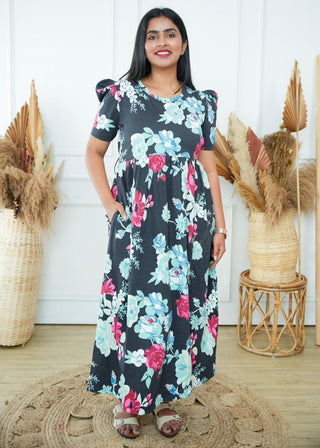 MULTI ROSE | NON-FEEDING MAXI – PUFF SLEEVES | FULL LENGTH MAXI