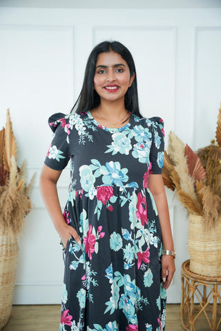 MULTI ROSE | NON-FEEDING MAXI – PUFF SLEEVES | FULL LENGTH MAXI