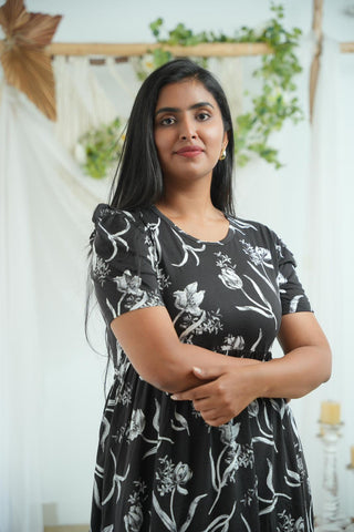 BLACK WHITE FLORA | NON-FEEDING MAXI – PUFF SLEEVES | FULL LENGTH MAXI