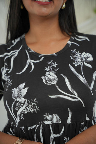 BLACK WHITE FLORA | NON-FEEDING MAXI – PUFF SLEEVES | FULL LENGTH MAXI