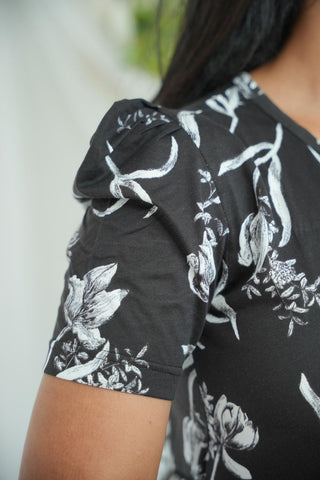 BLACK WHITE FLORA | NON-FEEDING MAXI – PUFF SLEEVES | FULL LENGTH MAXI