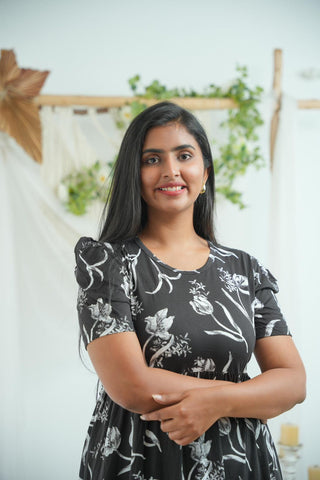 BLACK WHITE FLORA | NON-FEEDING MAXI – PUFF SLEEVES | FULL LENGTH MAXI