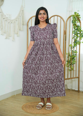 MARRON RUFFLE | NON-FEEDING MAXI – PUFF SLEEVES | FULL LENGTH MAXI