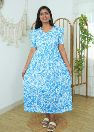 BLUE BLOOM | NON-FEEDING MAXI – PUFF SLEEVES | FULL LENGTH MAXI