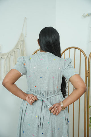 GREY COLOURFUL HEART | NON-FEEDING MAXI – PUFF SLEEVES | FULL LENGTH MAXI