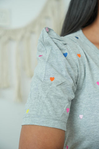 GREY COLOURFUL HEART | NON-FEEDING MAXI – PUFF SLEEVES | FULL LENGTH MAXI