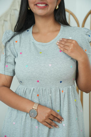 GREY COLOURFUL HEART | NON-FEEDING MAXI – PUFF SLEEVES | FULL LENGTH MAXI