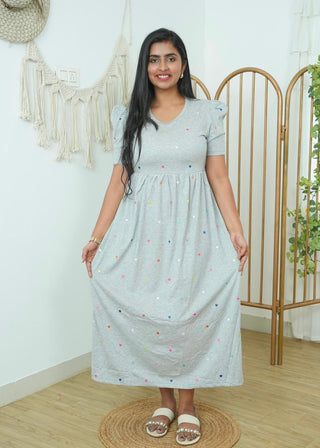 GREY COLOURFUL HEART | NON-FEEDING MAXI – PUFF SLEEVES | FULL LENGTH MAXI
