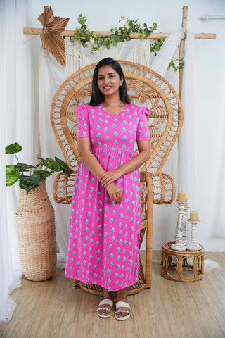 PINK BLOOM | NON-FEEDING MAXI – PUFF SLEEVES | FULL LENGTH MAXI