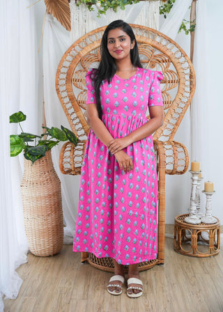 PINK BLOOM | NON-FEEDING MAXI – PUFF SLEEVES | FULL LENGTH MAXI