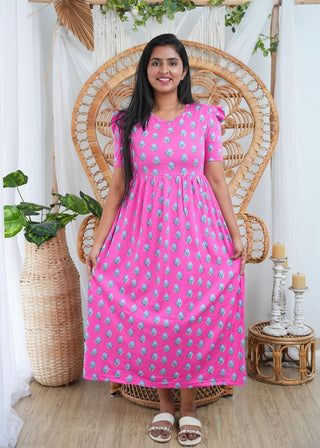 PINK BLOOM | NON-FEEDING MAXI – PUFF SLEEVES | FULL LENGTH MAXI