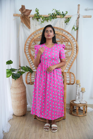 PINK BLOOM | NON-FEEDING MAXI – PUFF SLEEVES | FULL LENGTH MAXI