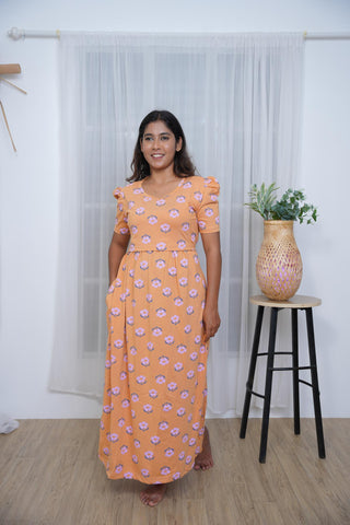 MUSTARD BLOOM | ZIPLESS MATERNITY MAXI-PUFF SLEEVES | FULL LENGTH MAXI