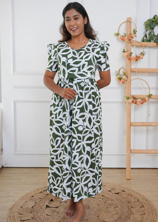 CHARCOAL FLORA | ZIPLESS MATERNITY MAXI-PUFF SLEEVES | FULL LENGTH MAXI