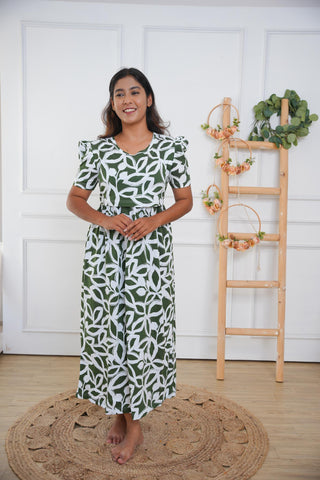 CHARCOAL FLORA | ZIPLESS MATERNITY MAXI-PUFF SLEEVES | FULL LENGTH MAXI